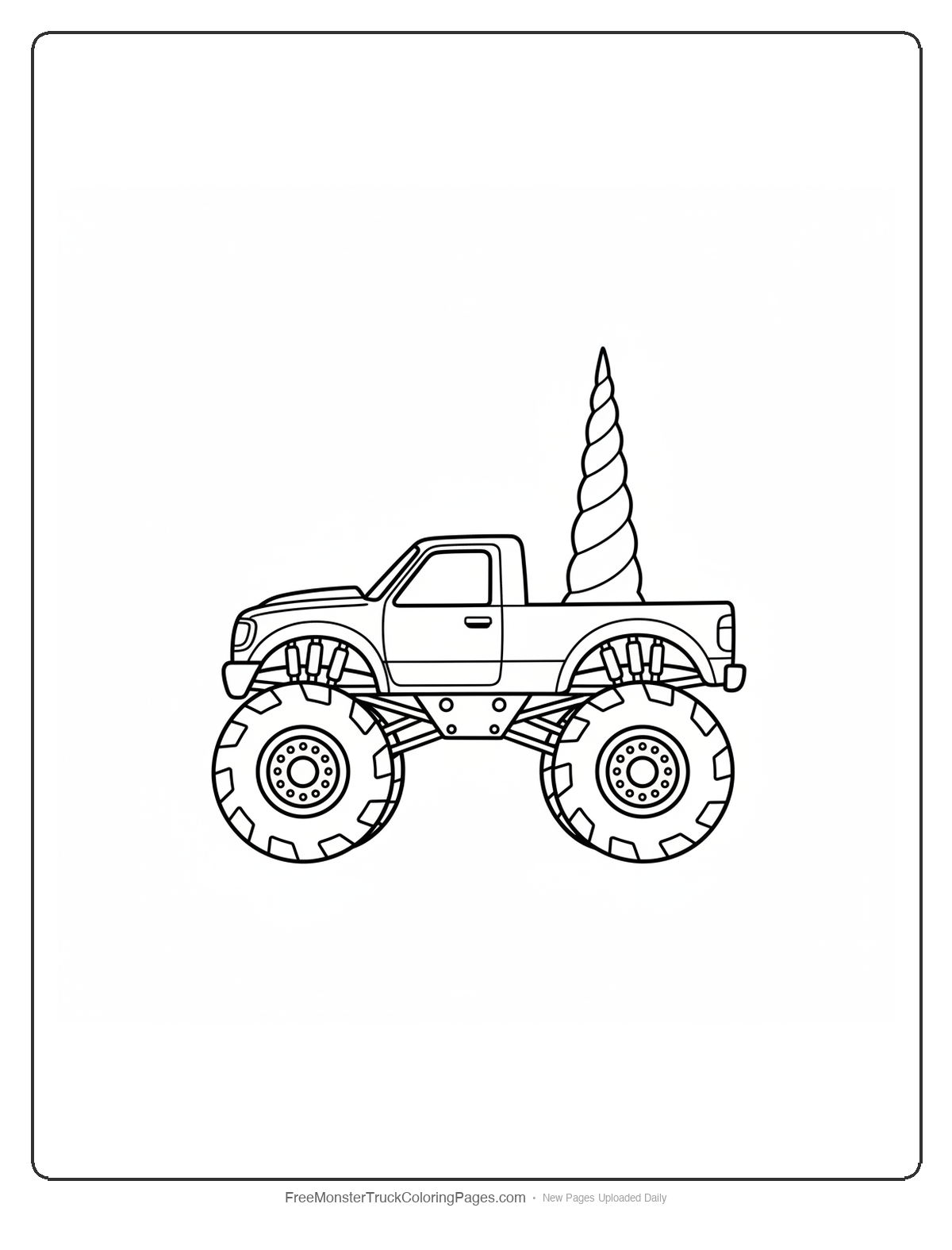 Black and white coloring page of a monster truck with a tall twisted spiral unicorn horn shaped exhaust pipe behind the cab