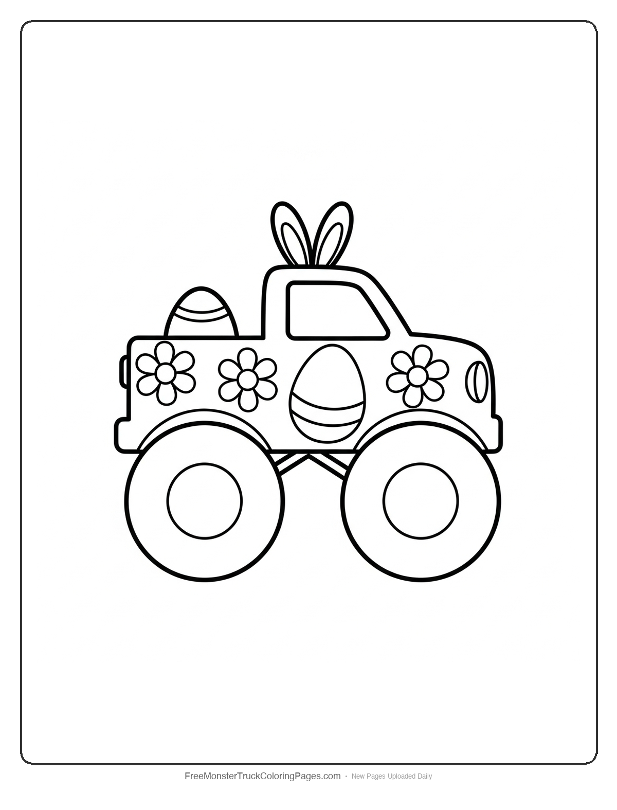 Black and white coloring page of a monster truck decorated with spring flowers including daisies and tulips