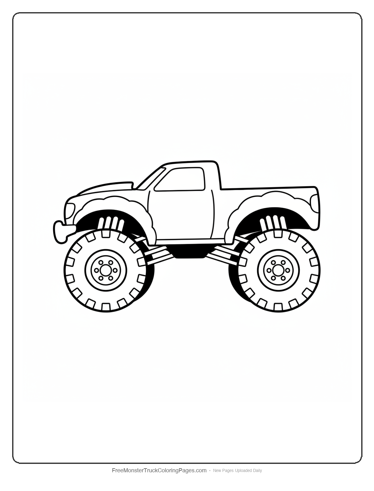 Black and white coloring page of a wide muscular monster truck with bulging fenders like bull shoulders and a low aggressive stance