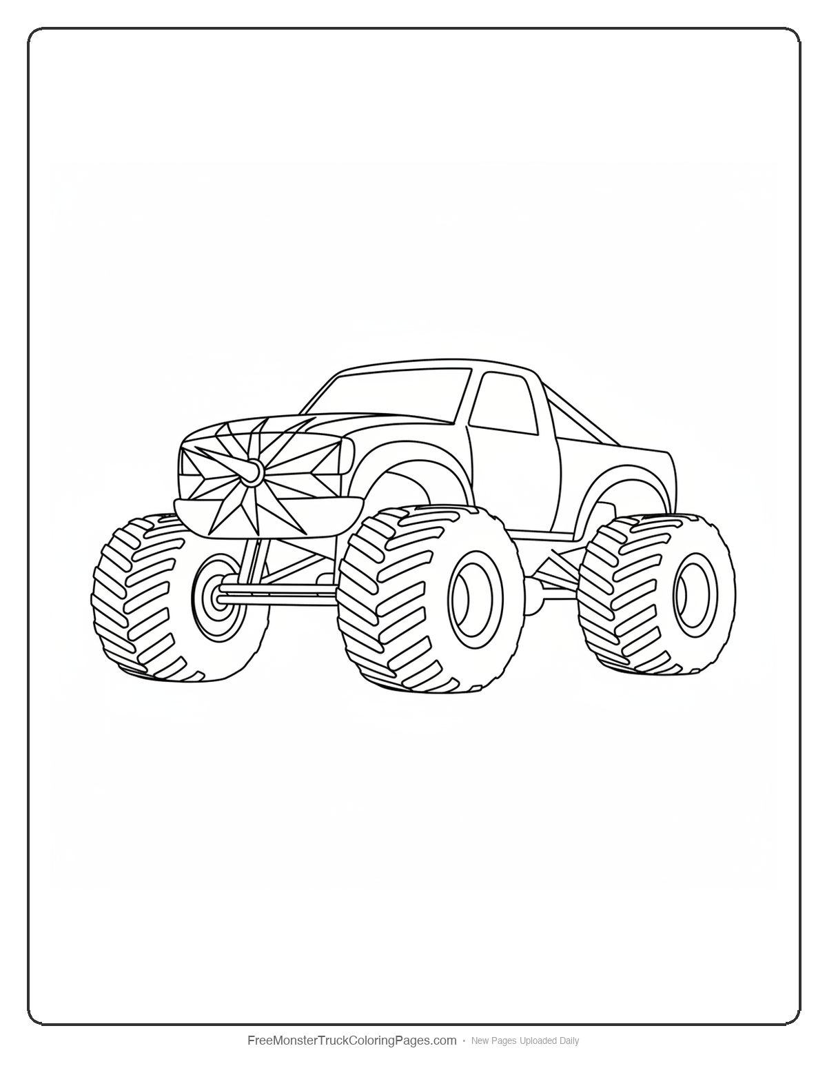 Black and white coloring page of a monster truck with a starburst pattern grille radiating from a center horn point