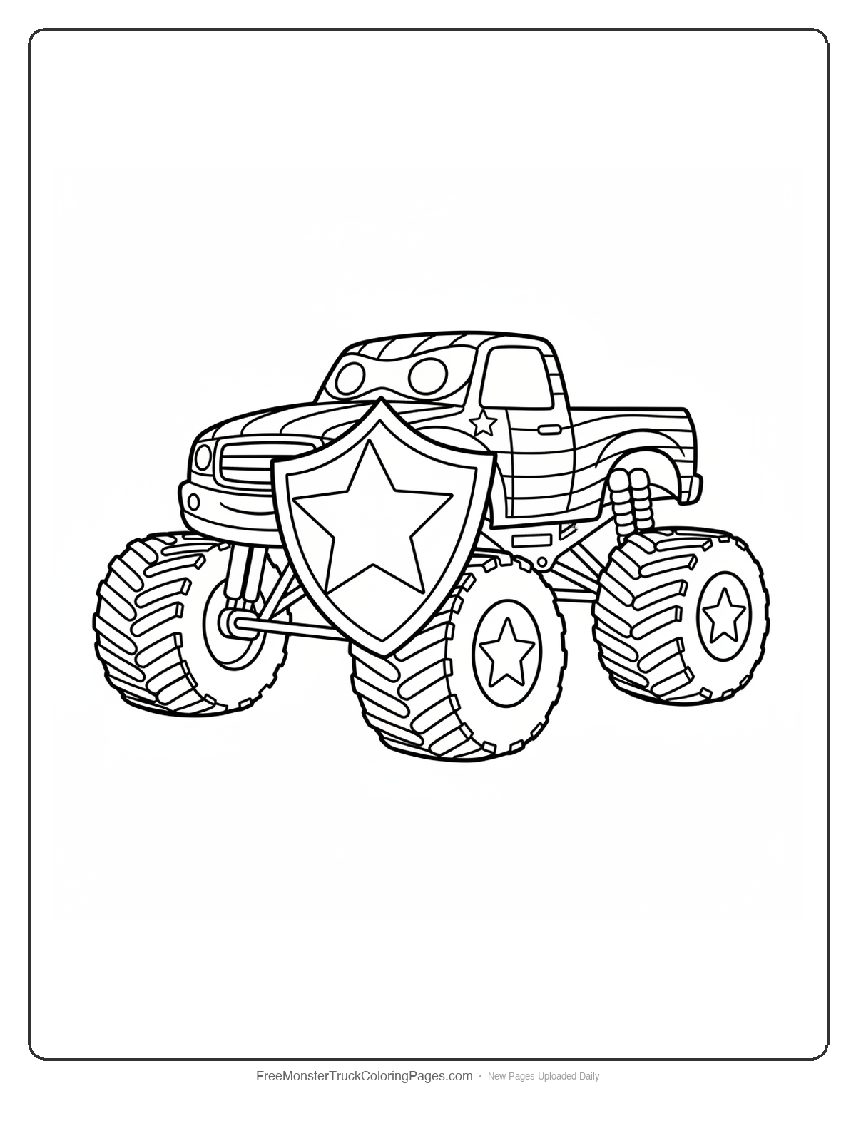 Monster truck coloring page with star shield, superhero mask, and patriotic hero theme
