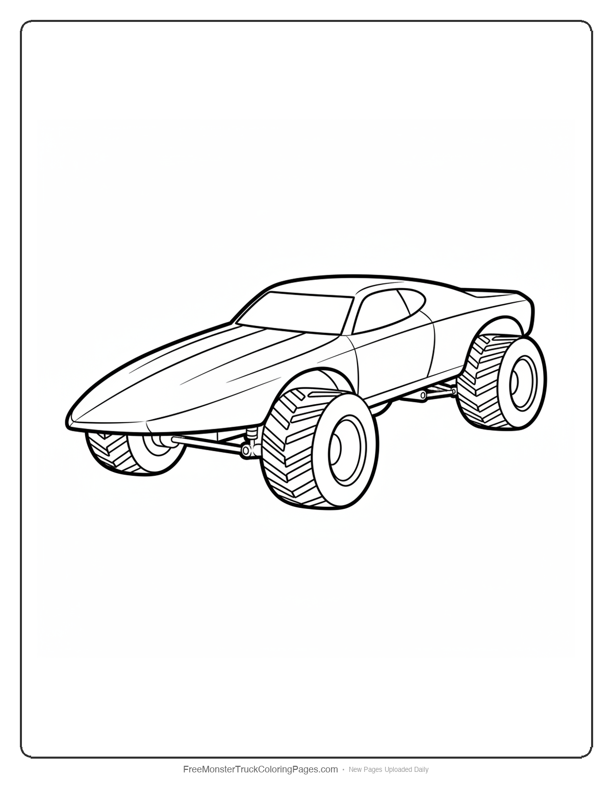 Black and white coloring page of an ultra low flat profile monster truck with a wedge-shaped front end streamlined like a stalking panther