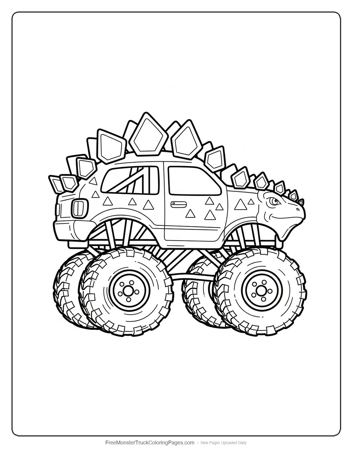 Black and white coloring page of a monster truck decorated with Stegosaurus-style spikes along the body and roof