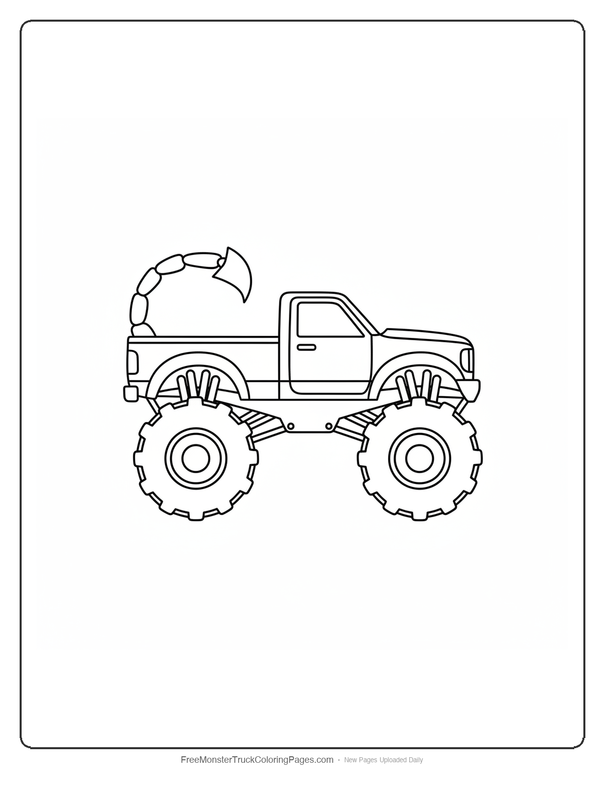 Black and white coloring page of a monster truck with a single exhaust pipe shaped like a curved scorpion stinger arching over from the rear