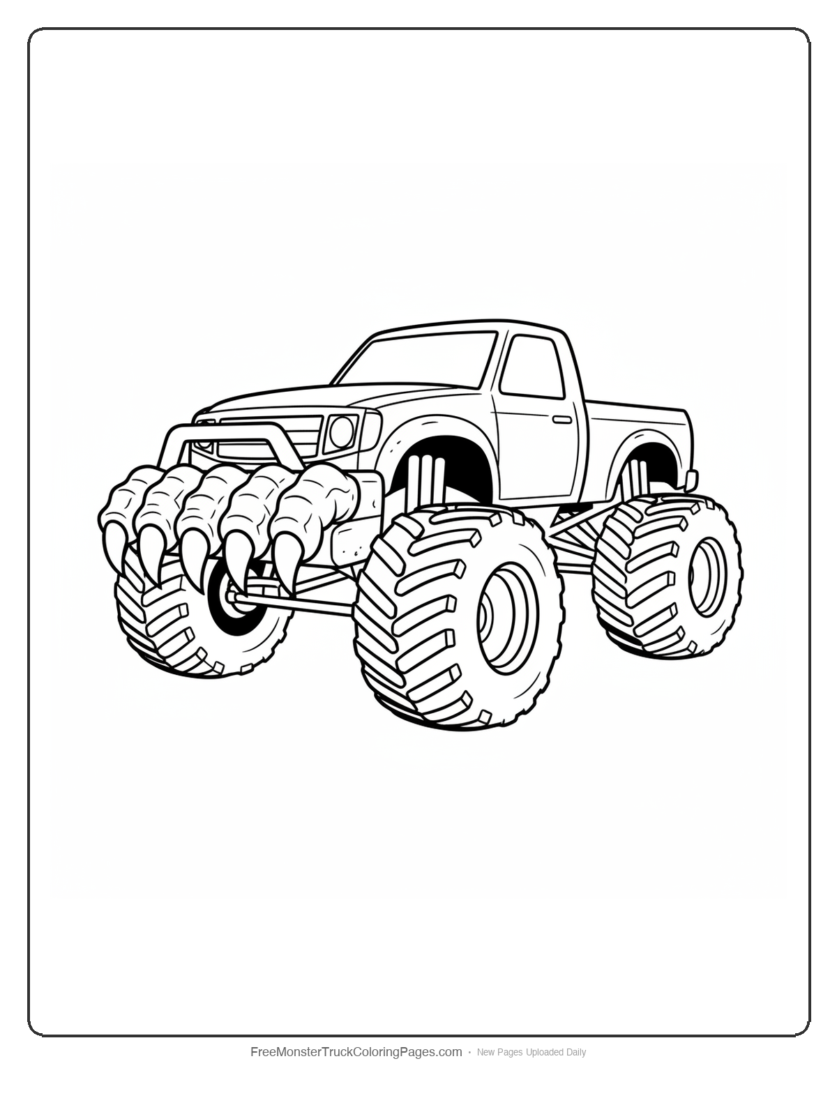 Black and white coloring page of a monster truck with front bumper featuring gargoyle stone claws gripping forward