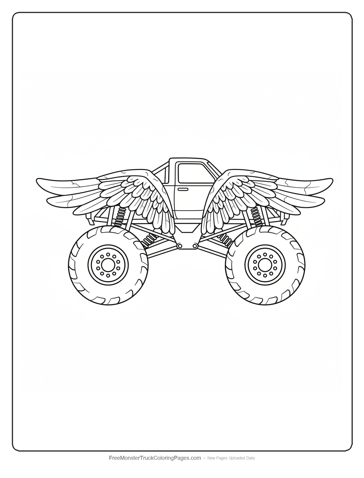 Black and white coloring page of a monster truck with fenders shaped like folded stone gargoyle wings