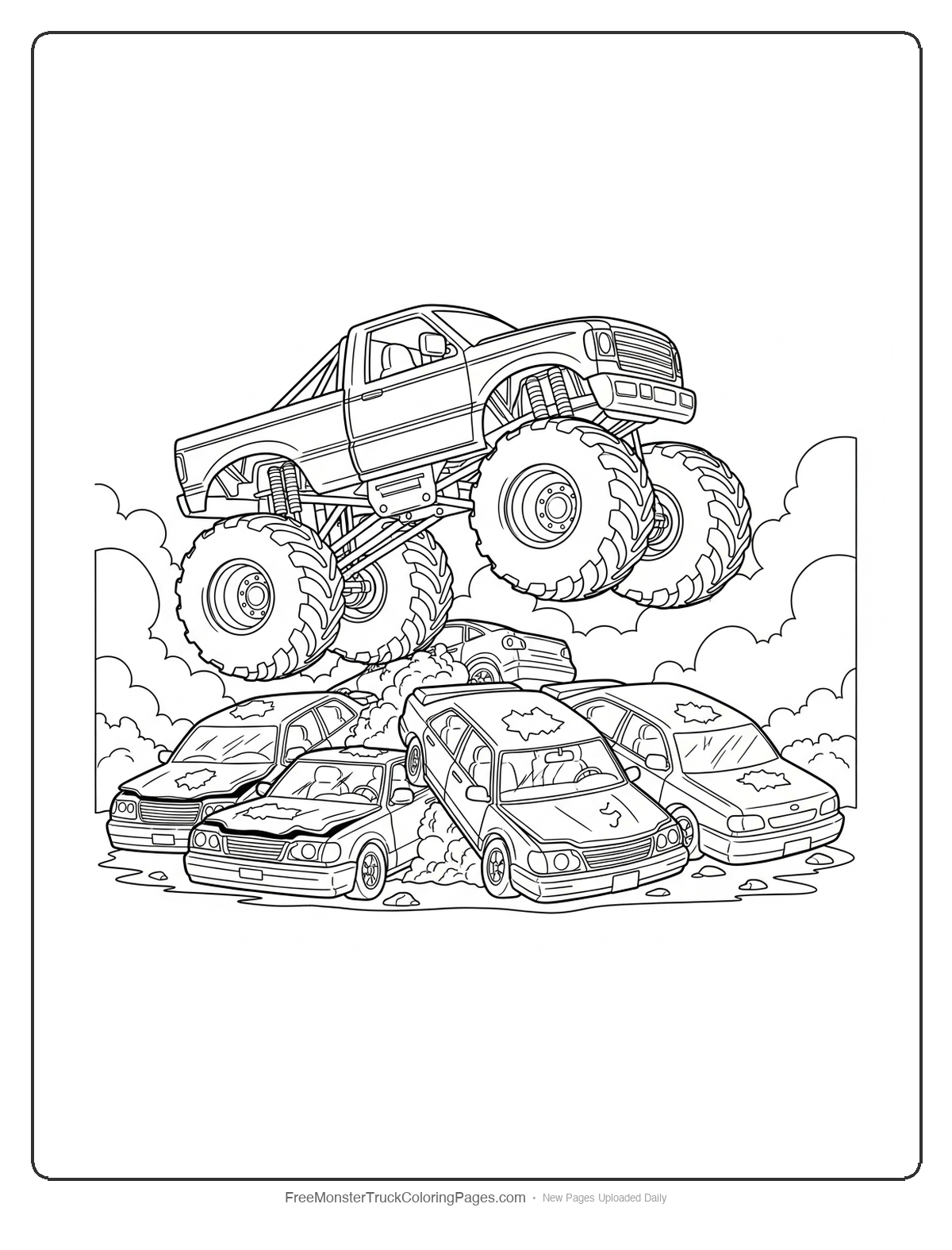 Black and white coloring page of a monster truck jumping over a stack of crushed cars with detailed scene elements