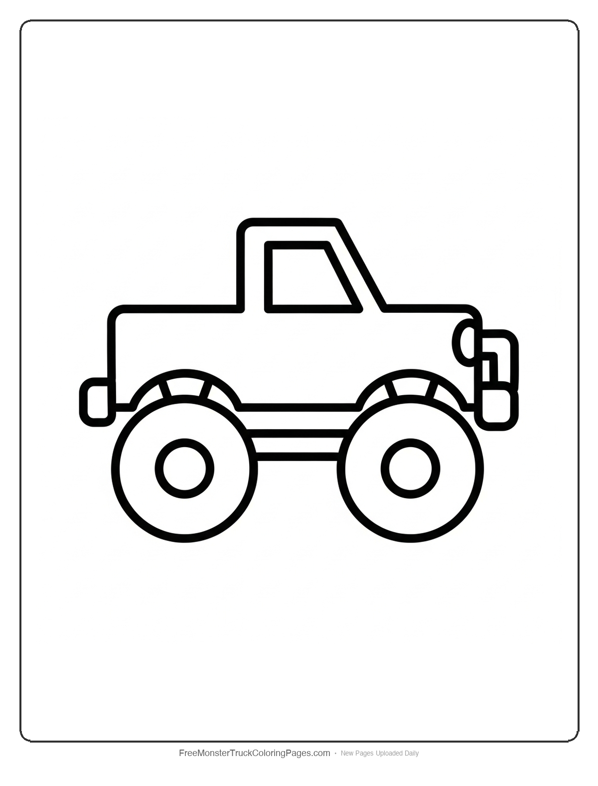 Very simple monster truck coloring page with basic shapes and thick outlines for toddler coloring