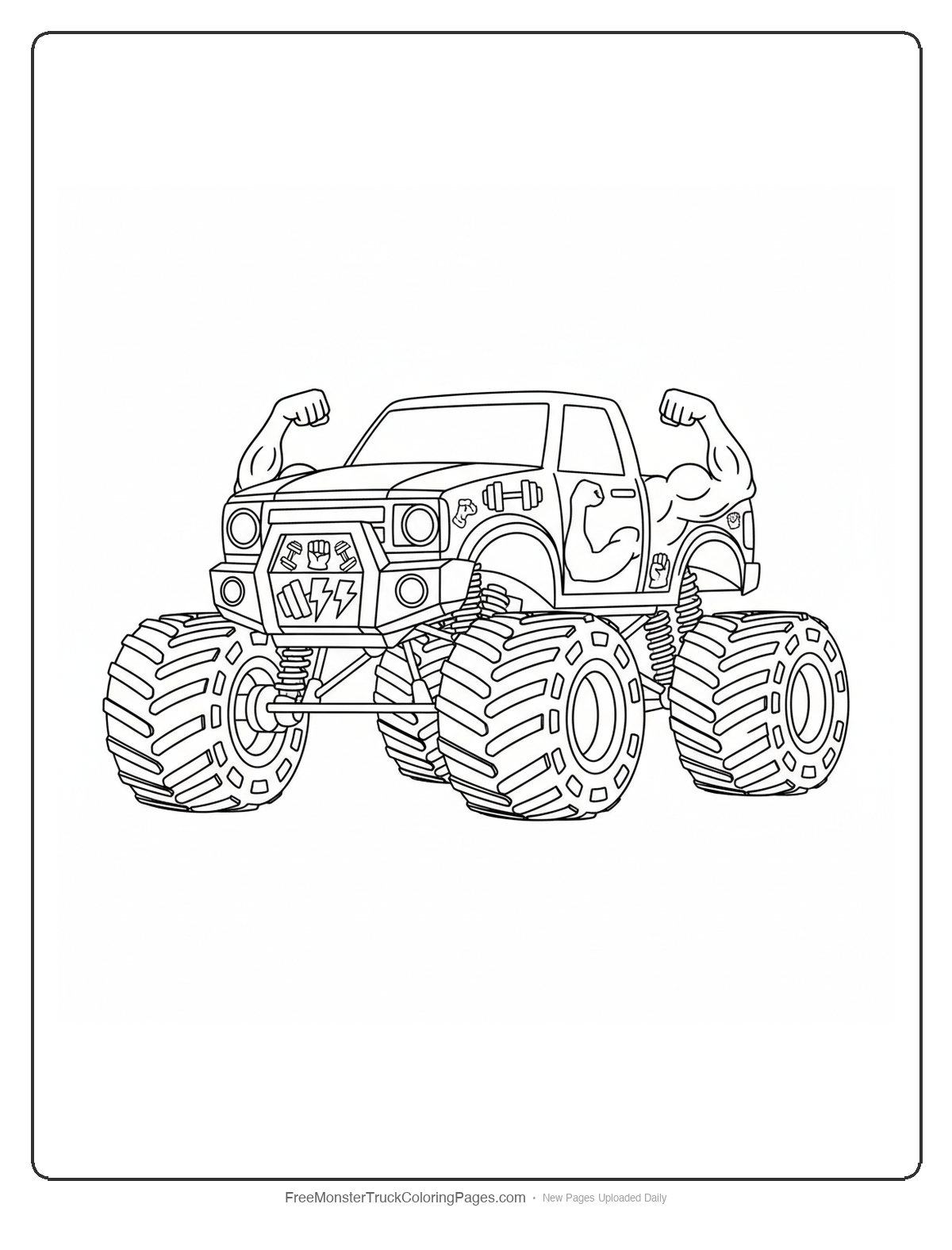 Monster truck coloring page with muscle car design and superhero strength theme