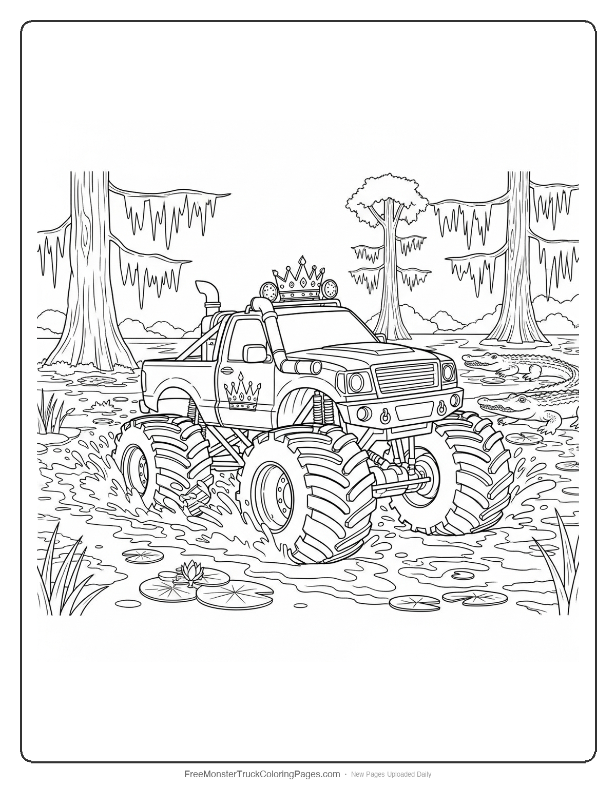 Coloring page of the Swamp King monster truck with special swamp equipment driving through marshland
