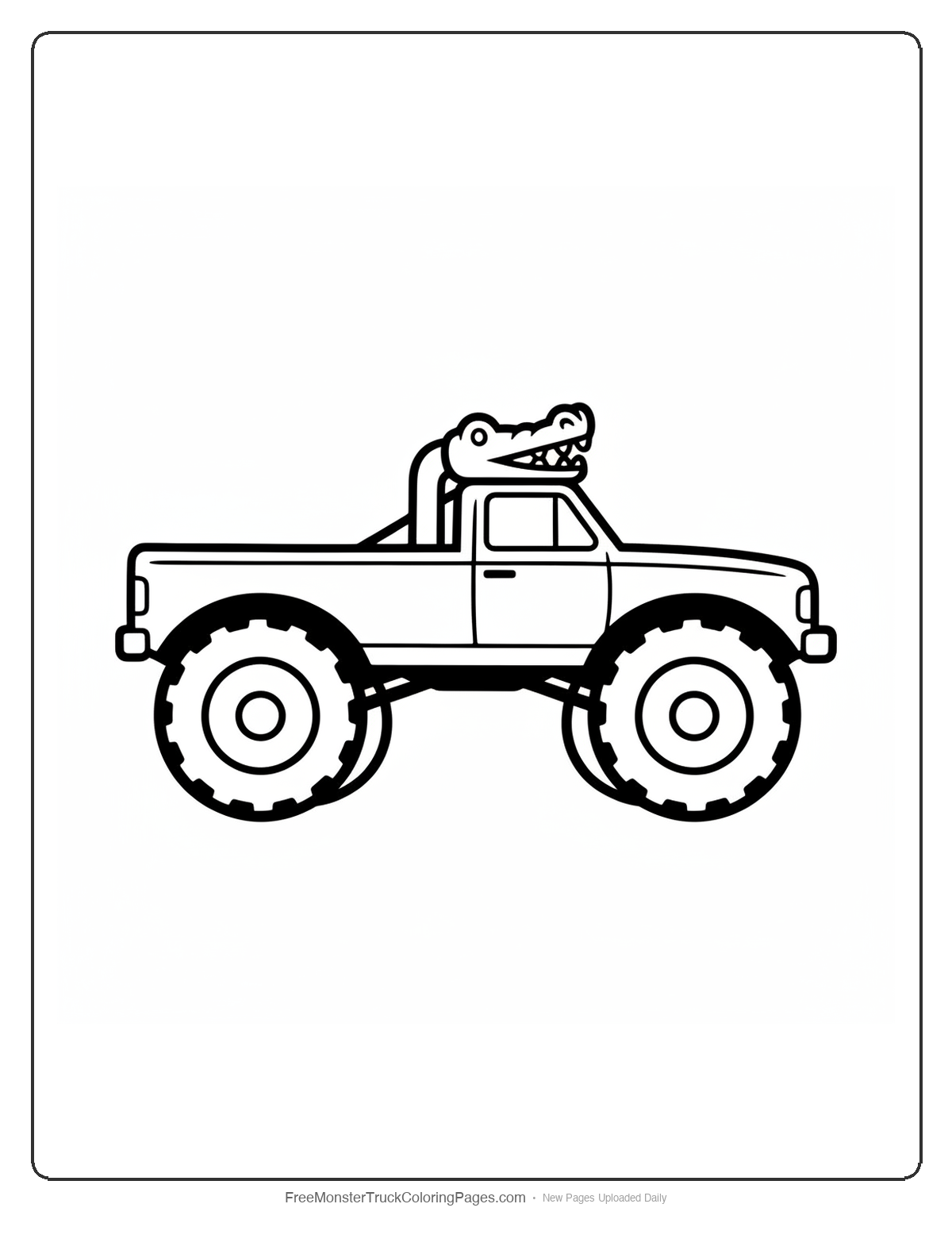 Black and white coloring page of a wide flat monster truck with a tall roof snorkel pipe shaped like a crocodile nostril at the top