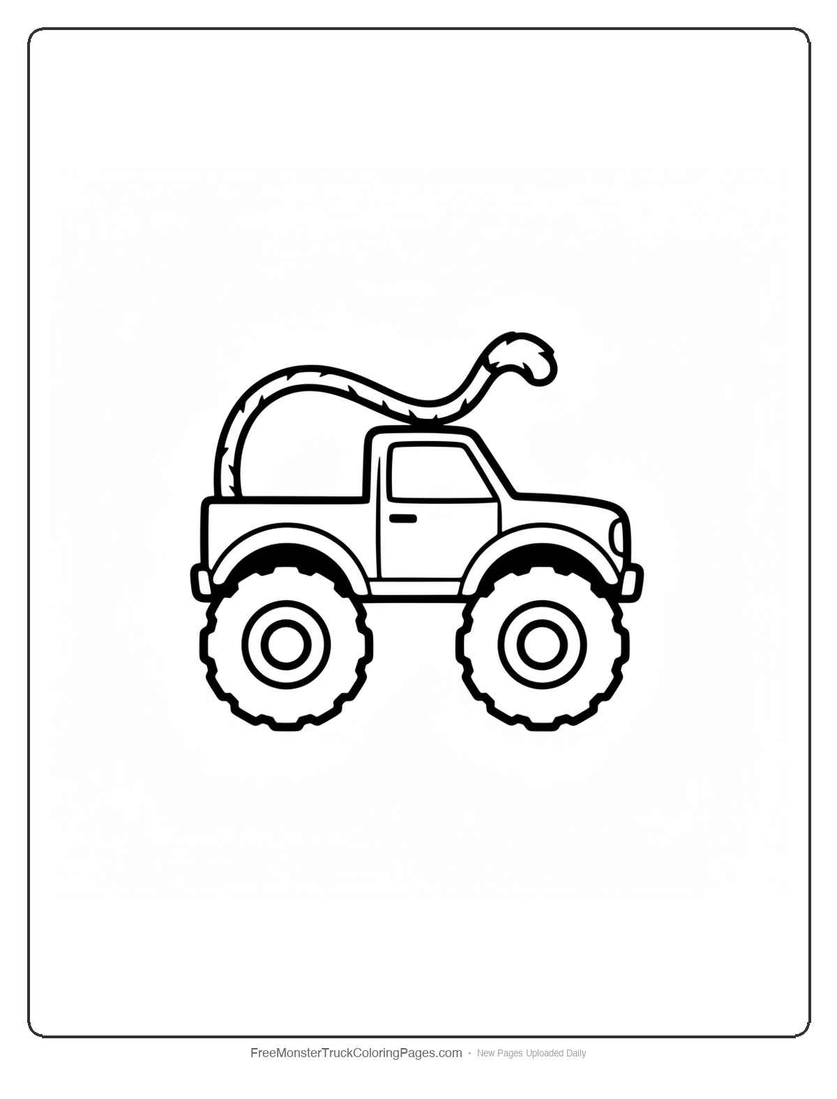 Black and white coloring page of a simple monster truck with a long curved panther tail as the roof antenna