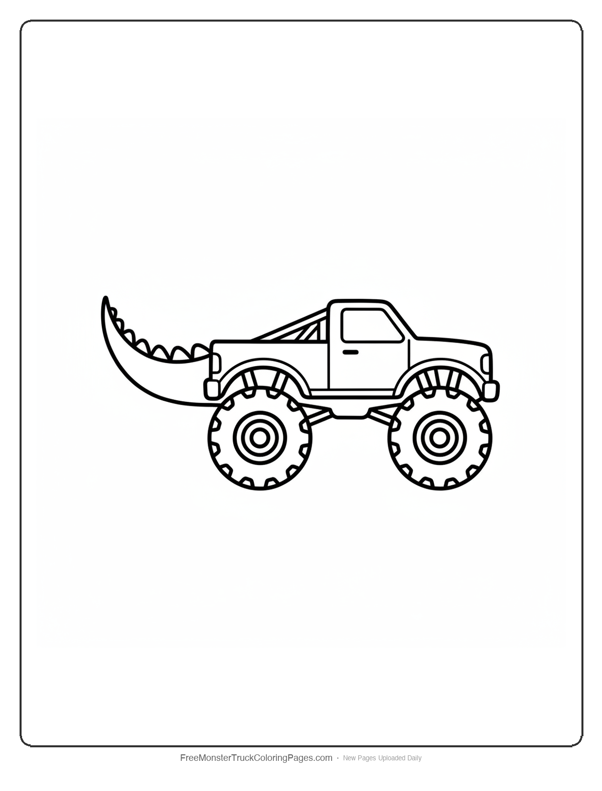 Black and white coloring page of a monster truck with a long curved crocodile tail shaped exhaust pipe extending from the rear