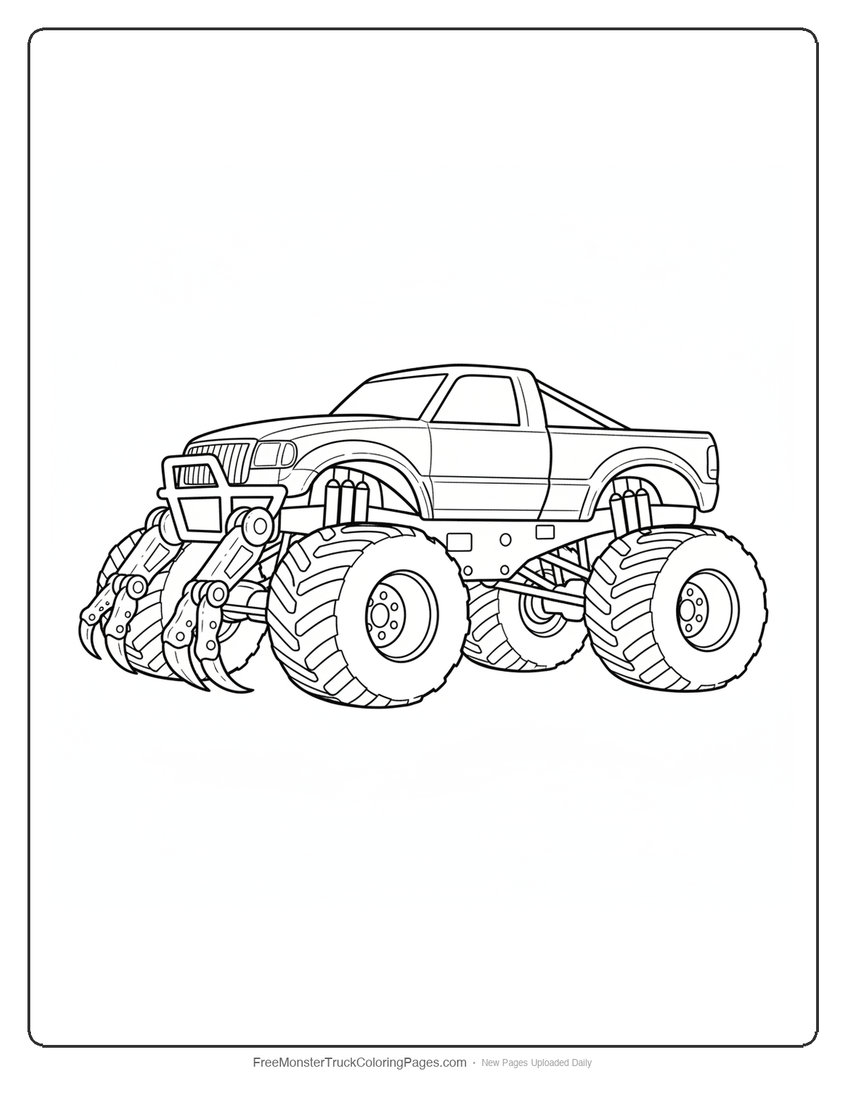 Black and white coloring page of a monster truck with two massive hawk talons extending from the front bumper gripping the ground