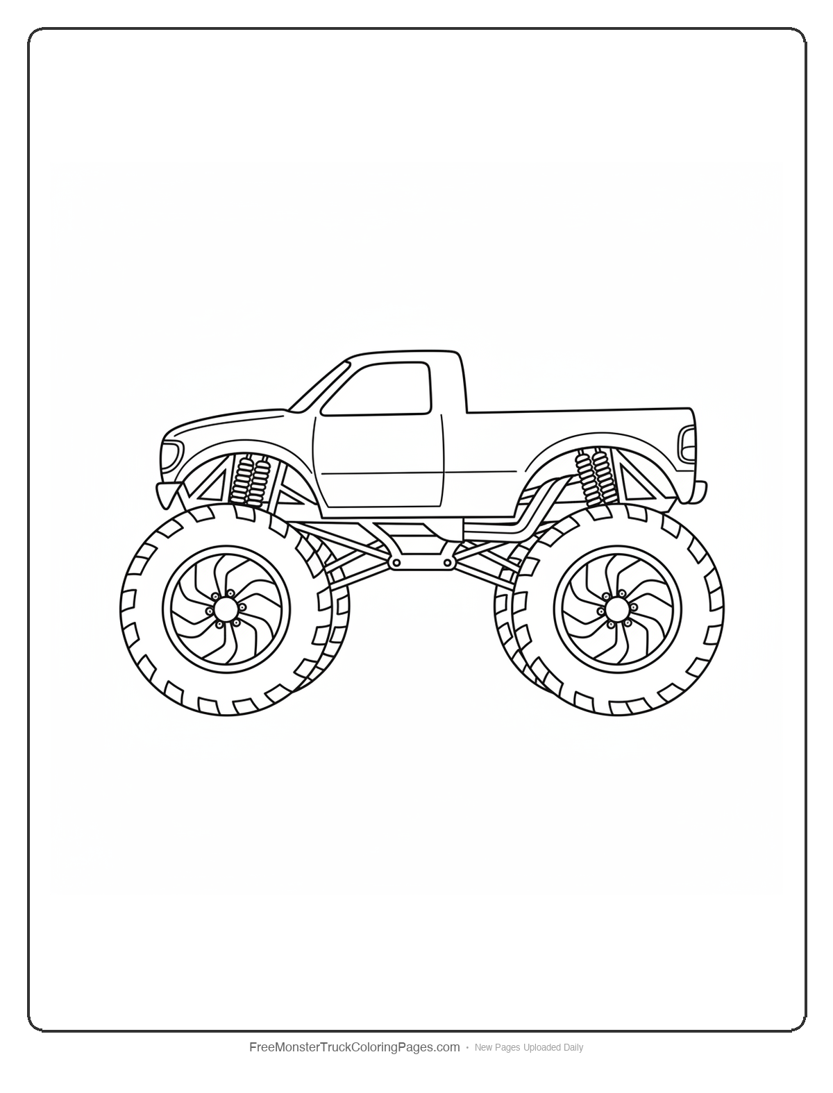Black and white coloring page of a monster truck with front wheels having eagle talon spokes and rear wheels having lion claw spokes