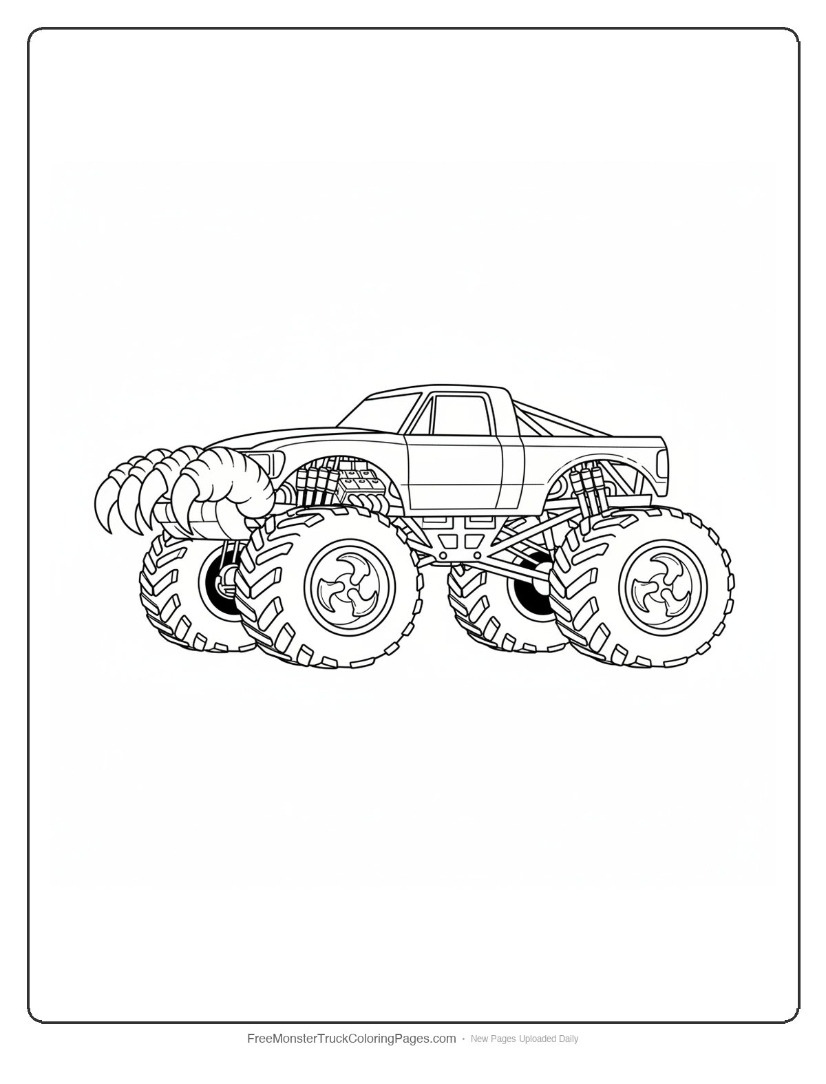 Black and white coloring page of a monster truck with eagle talon shaped hub caps and talon front bumper