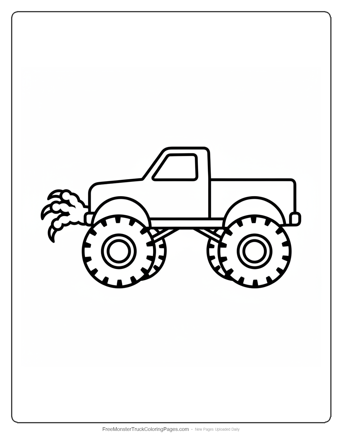 Black and white coloring page of a simple monster truck with two spread falcon talon shapes on the front bumper