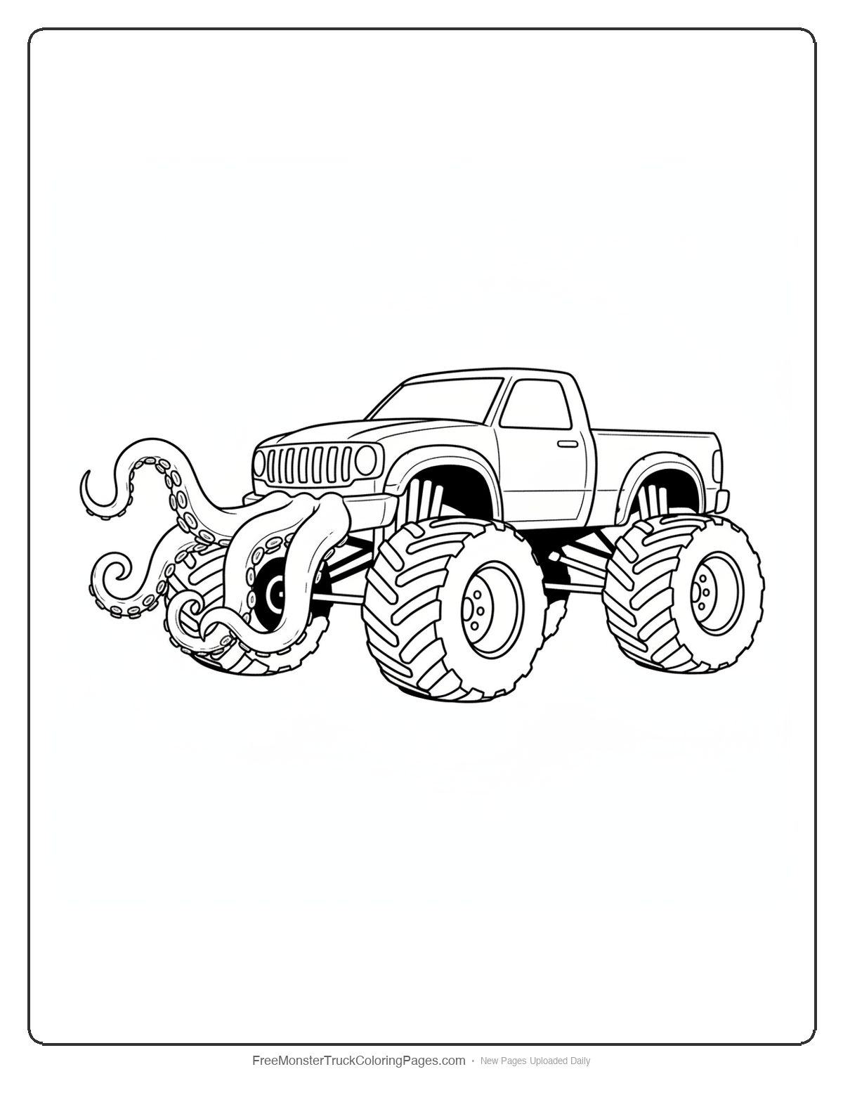 Black and white coloring page of a monster truck with alien tentacles reaching forward from the front bumper