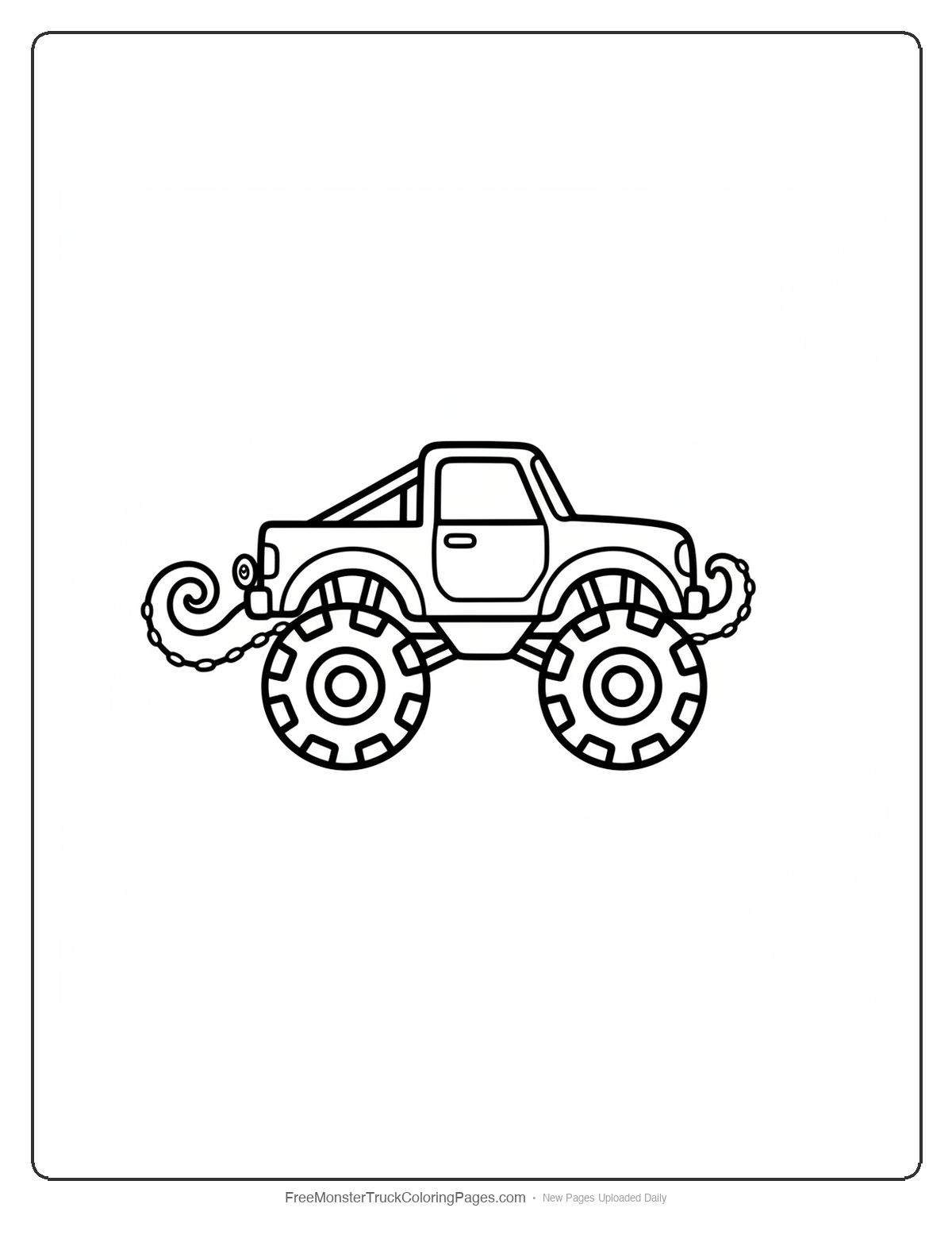 Black and white coloring page of a simple monster truck with a curling tentacle tow hook and octopus eye taillights