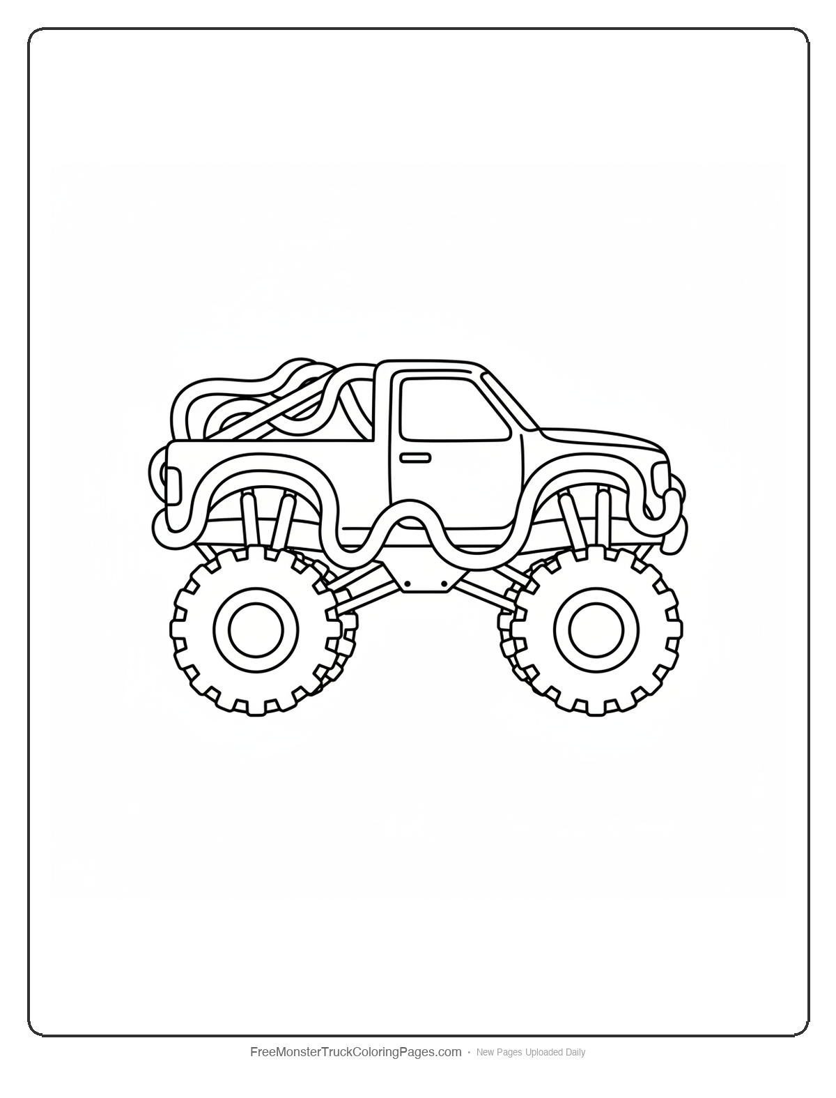 Black and white coloring page of a simple monster truck with roll cage bars shaped like tentacles wrapping around the cab