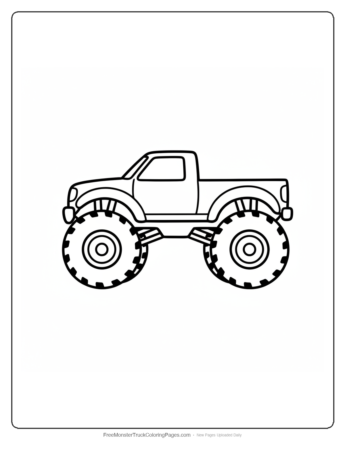Black and white coloring page of a monster truck with extra thick oversized chunky fenders like a wolverine animal's stocky body