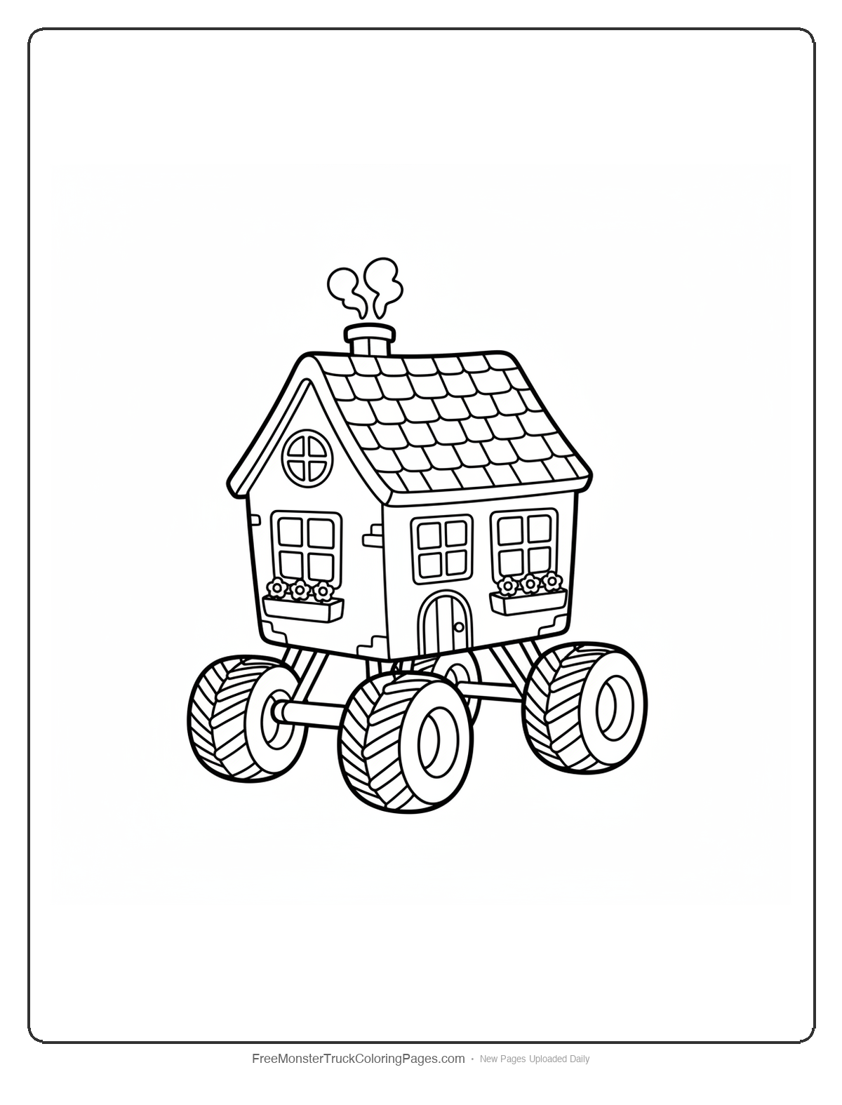 Black and white coloring page of a monster truck designed as a cozy cottage with chimney, windows, and large wheels