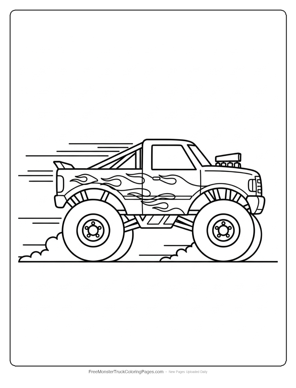 Black and white coloring page of Thunder Flame monster truck with flame designs racing on a track