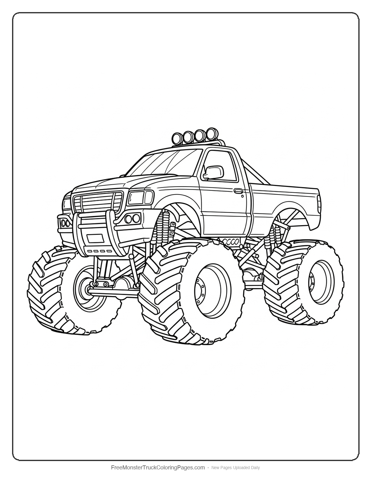 Black and white coloring page of a monster truck with Bigfoot proportions and detailed features