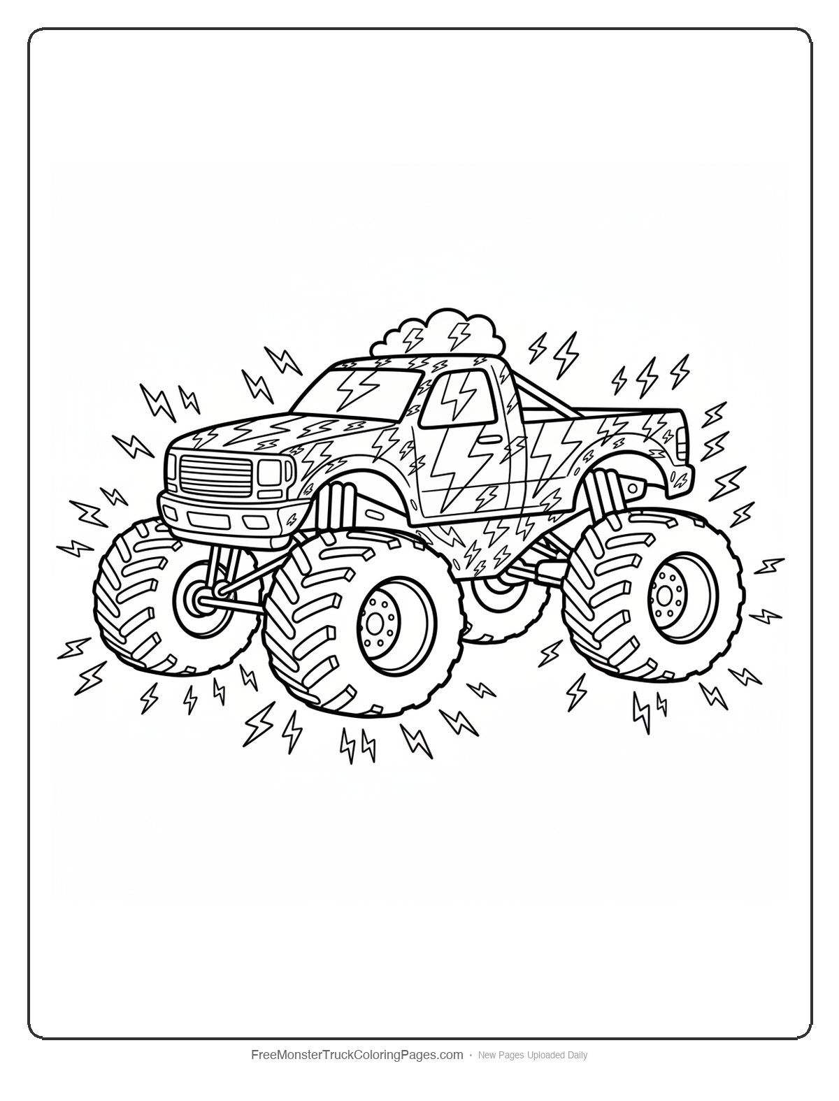 Coloring page of a monster truck decorated with lightning bolt patterns and electrical details