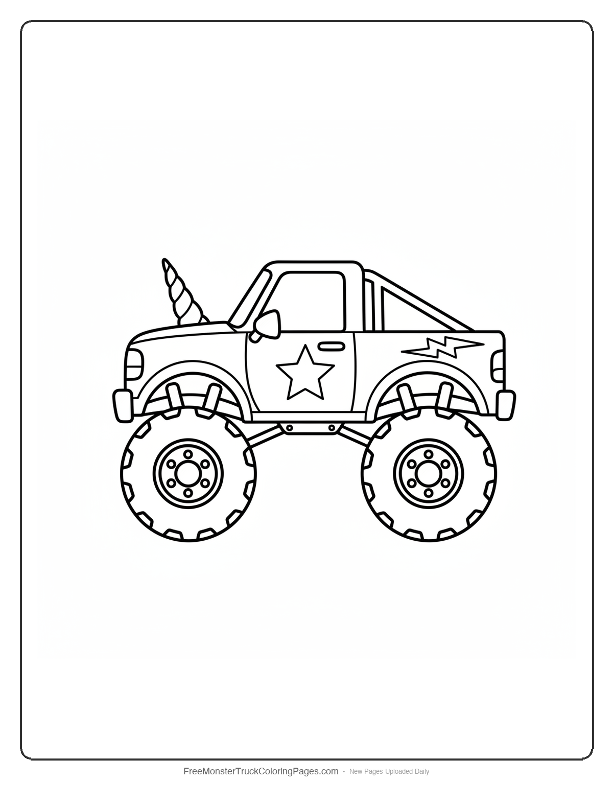 Black and white coloring page of a simple monster truck with one big horn, lightning bolt side mirrors, and a star on the door