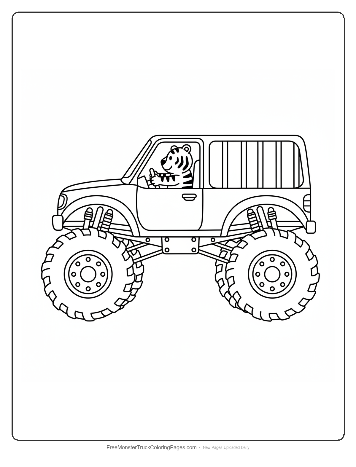 Black and white coloring page of a monster truck with a cage-style cab and a cartoon tiger driving inside