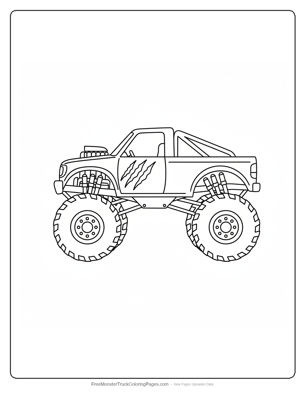 Black and white coloring page of a monster truck with three tiger claw scratch shapes cut through the hood