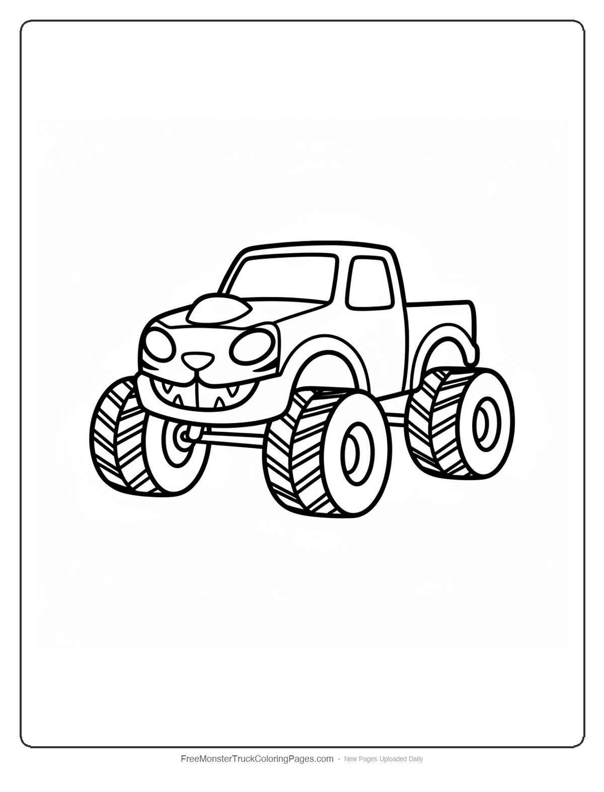 Black and white coloring page of a simple monster truck with big tiger eye shaped headlights and a grinning grille