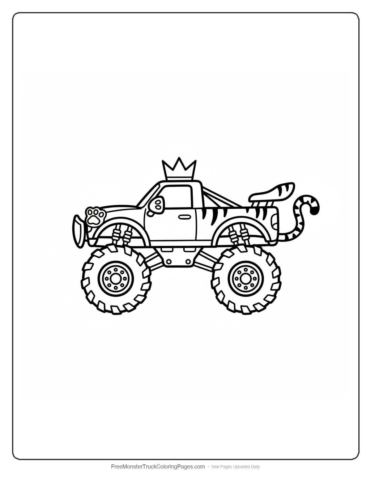 Black and white coloring page of a monster truck with a crown roof rack, paw mirrors, and tiger tail spoiler