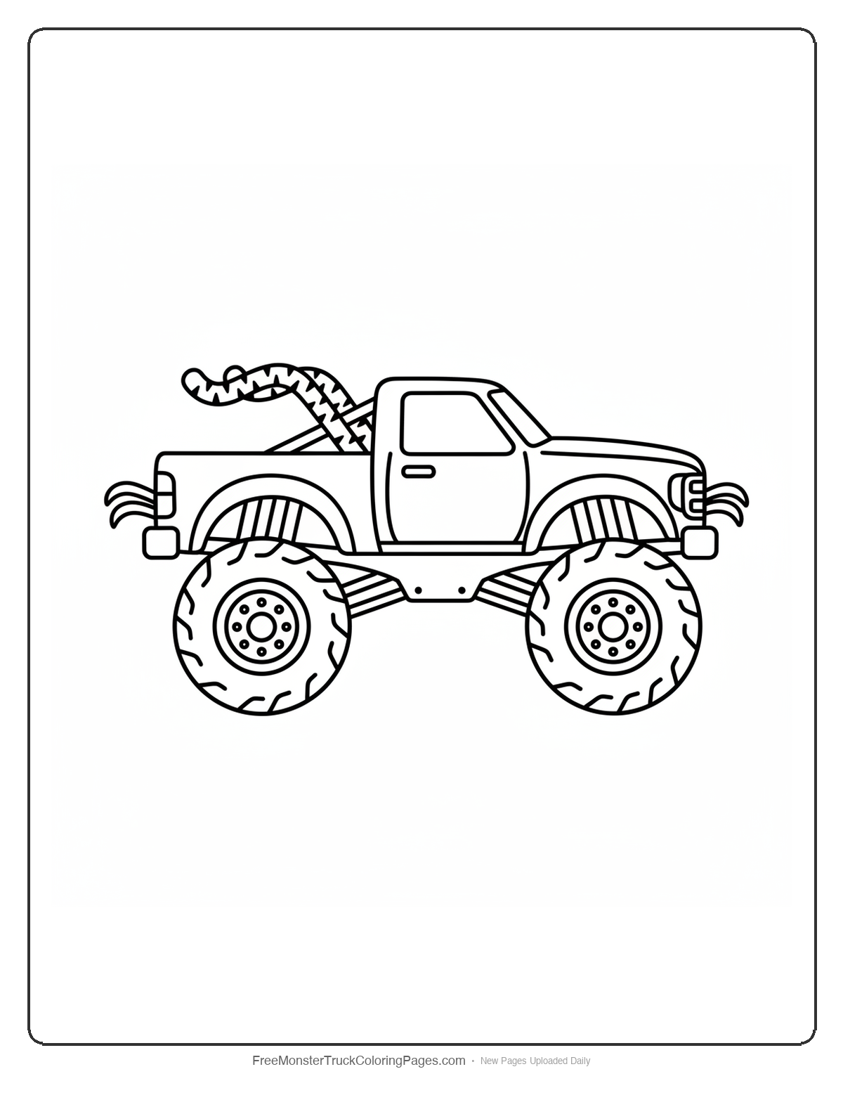 Black and white coloring page of a monster truck with tiger tail shaped exhaust pipes and claw-shaped wheel lugs