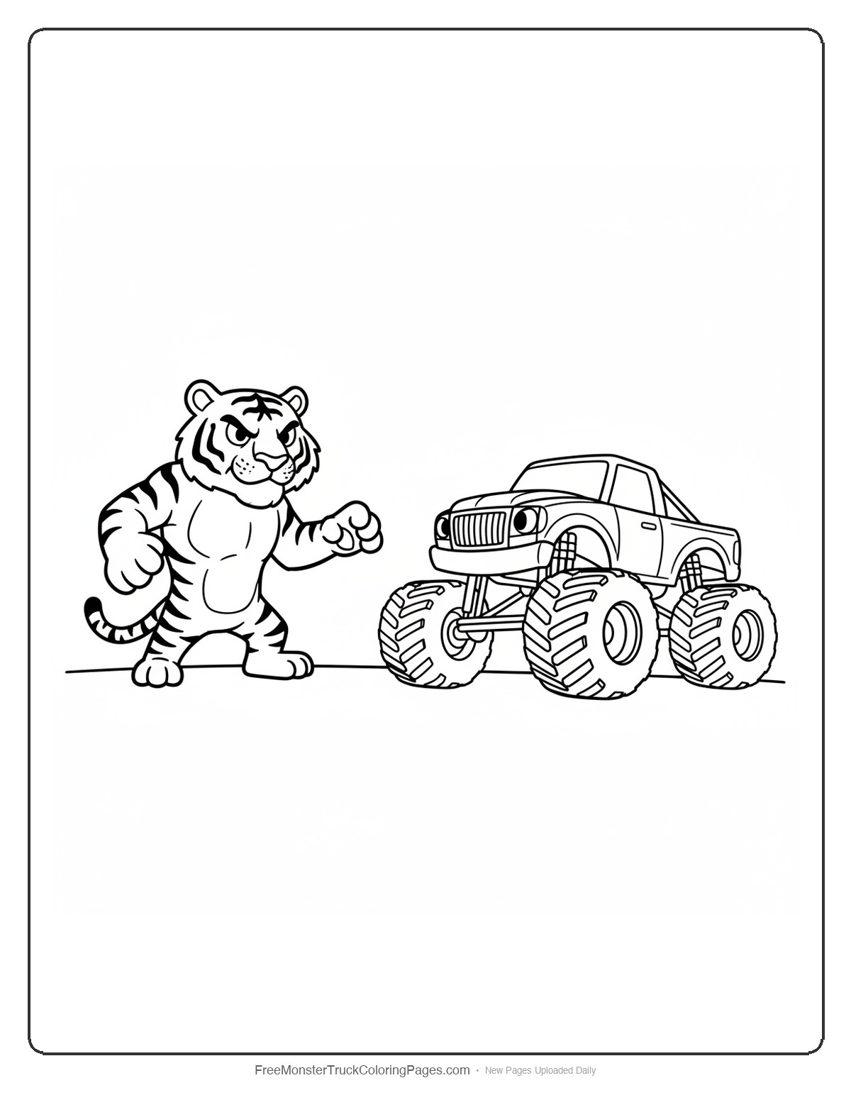 Black and white coloring page of a cartoon tiger and a monster truck facing each other in a standoff