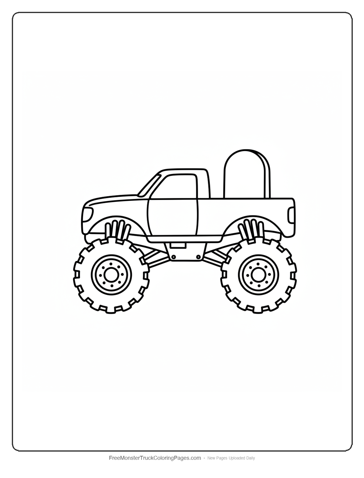 Black and white coloring page of a monster truck with a rear spoiler shaped like a rounded tombstone gravestone