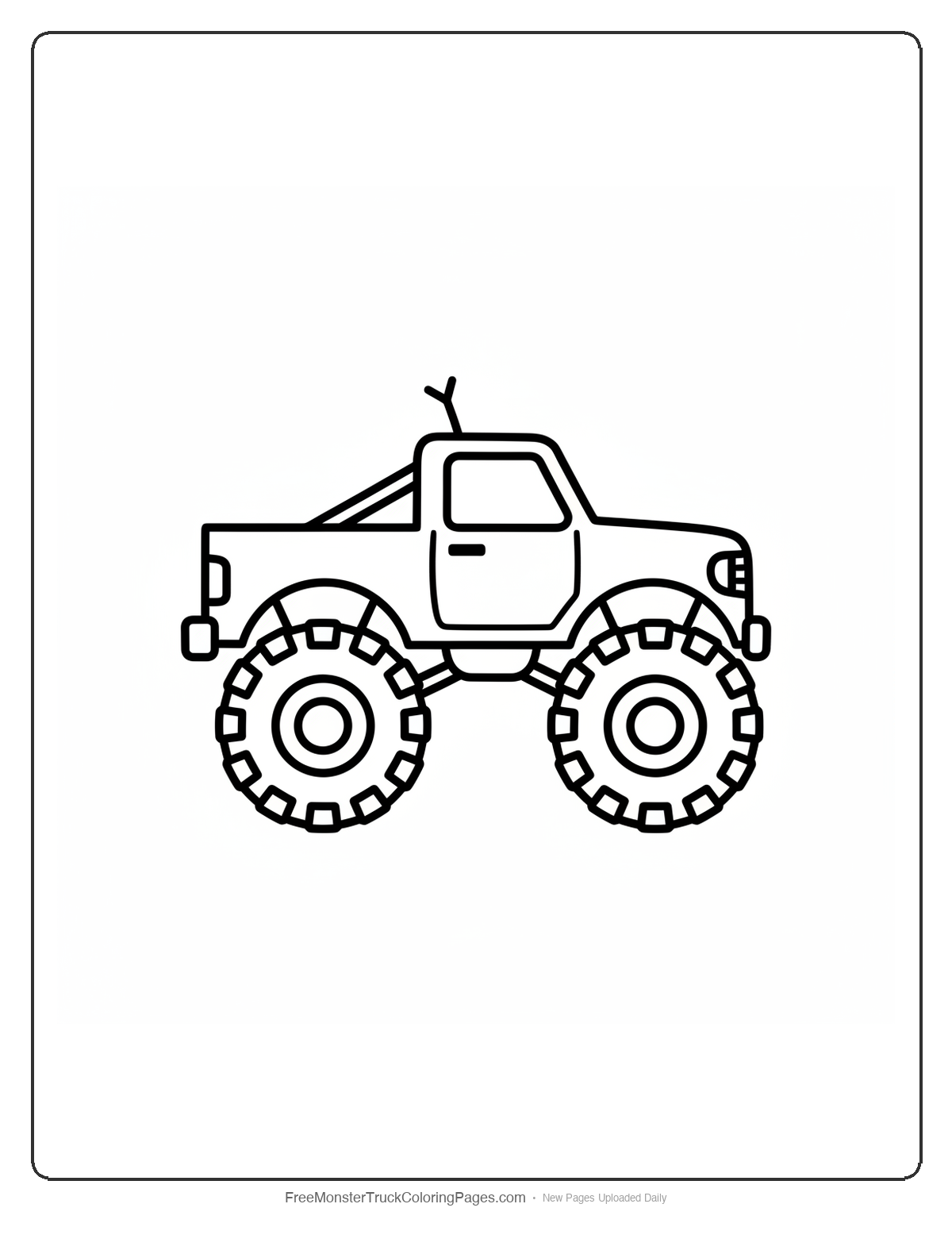 Black and white coloring page of a simple monster truck with a forked tongue shaped antenna on the roof