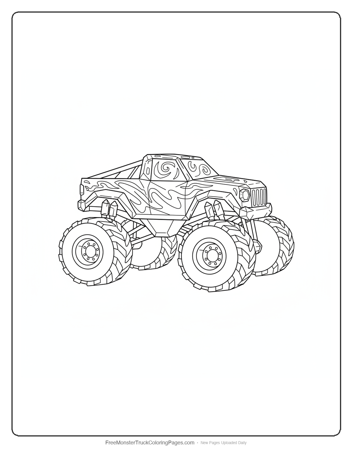 Black and white coloring page of a monster truck made from topaz crystals with storm-pattern geometric designs