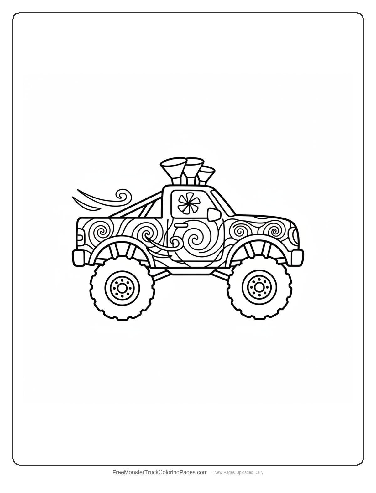 Coloring page of a monster truck with tornado spiral patterns and wind-themed decorations