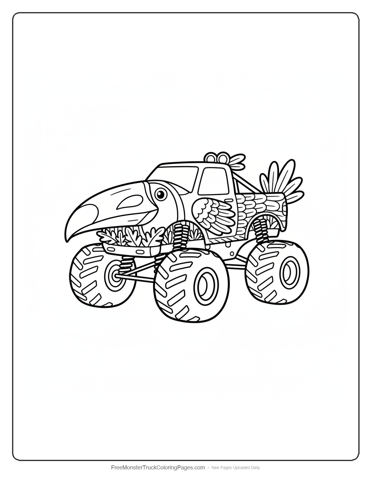Black and white coloring page of a monster truck with a large toucan beak front bumper and feather decorations