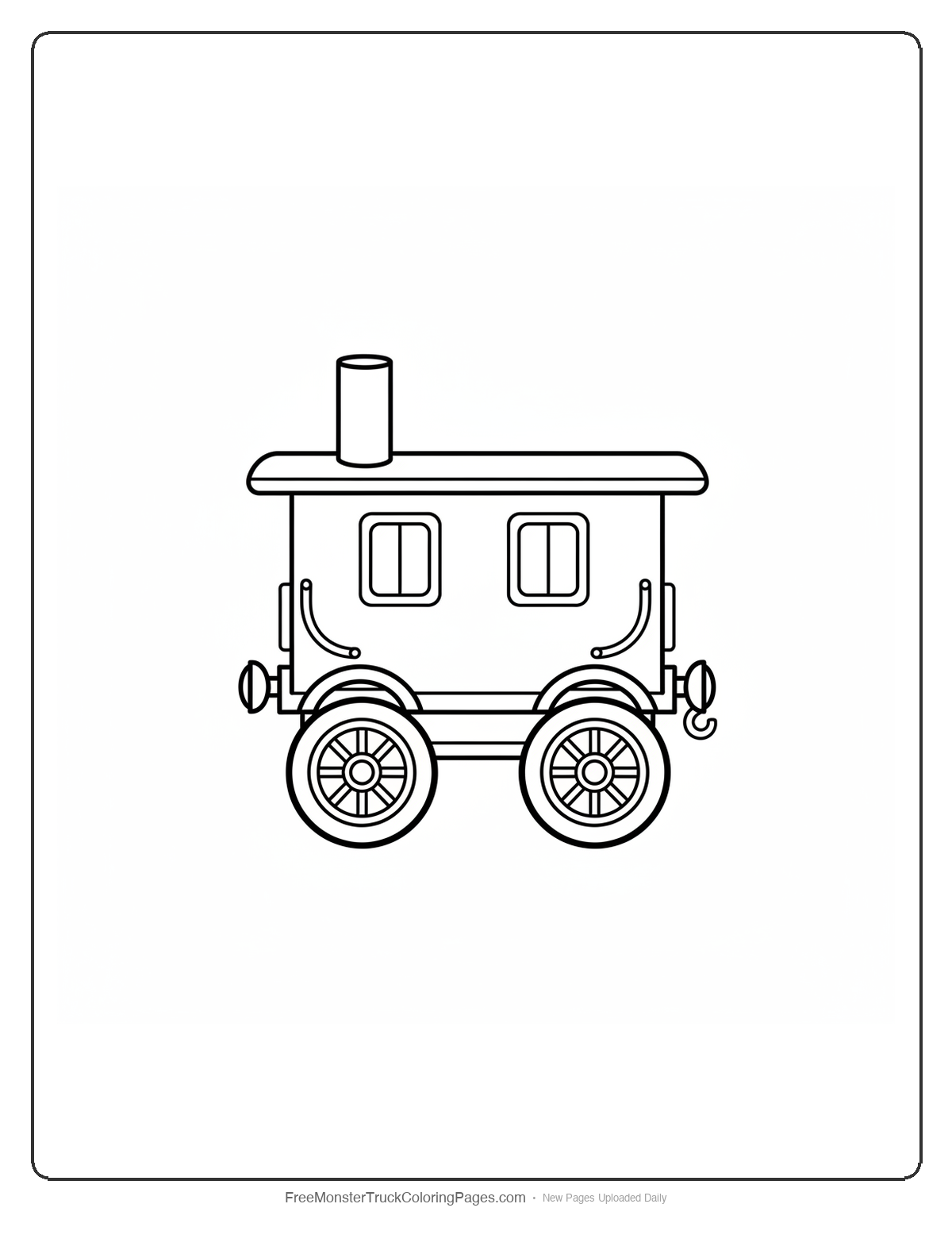 Monster truck coloring page designed to look like a toy train caboose with smokestack and railroad details