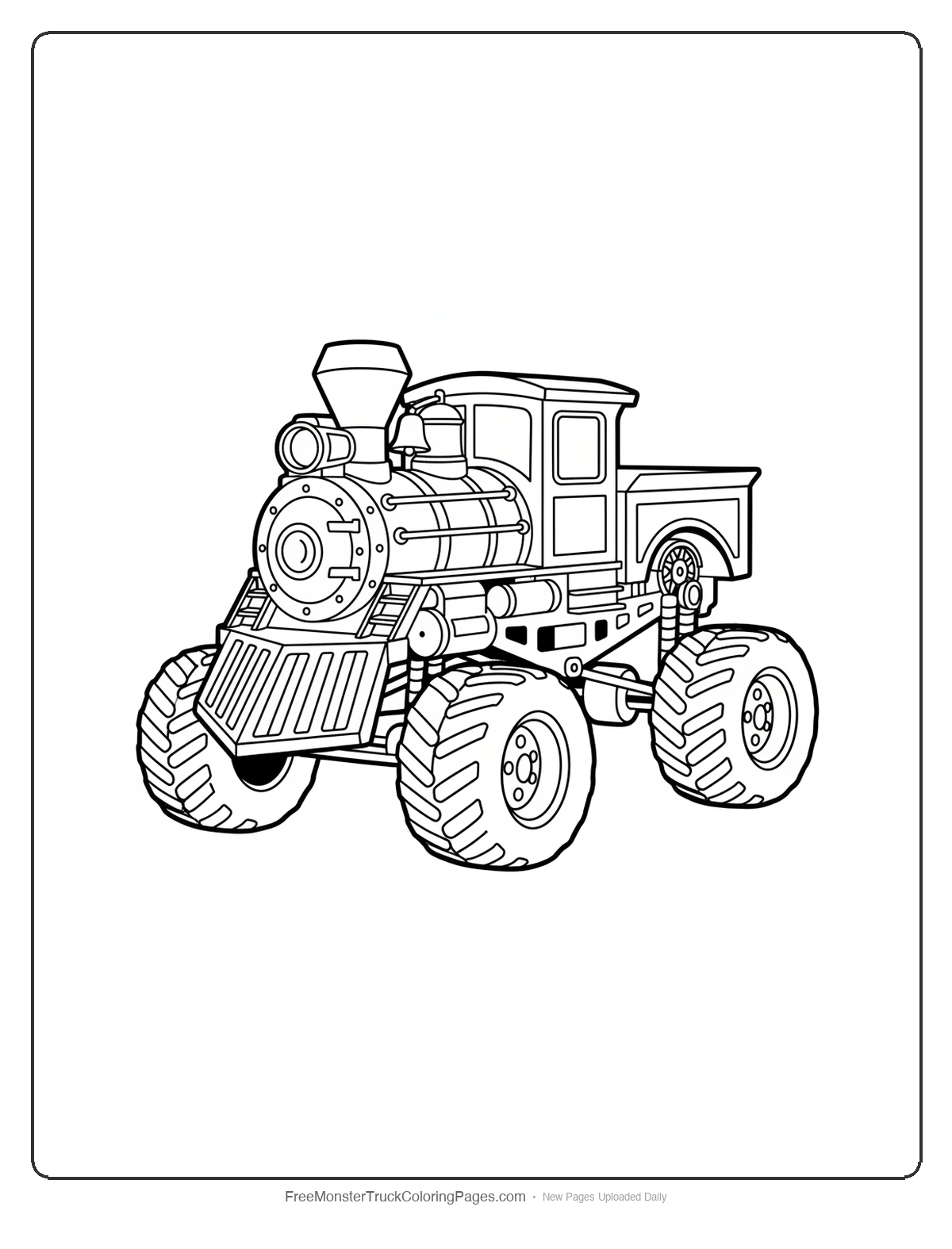 Black and white coloring page of a monster truck designed like a toy train engine with smokestack, bell, and train details