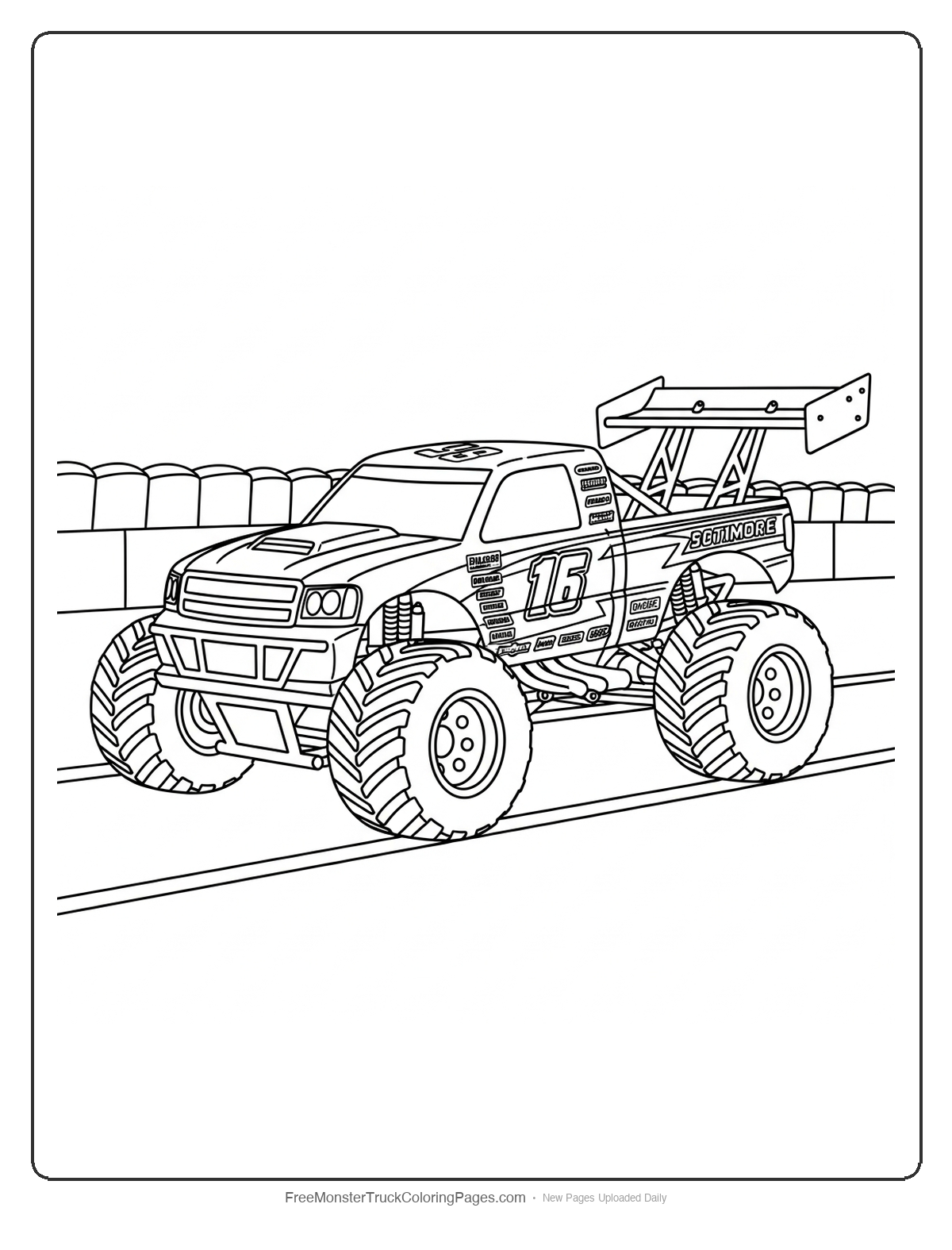 Detailed monster truck coloring page showing a racing truck with aerodynamic features and racing track elements