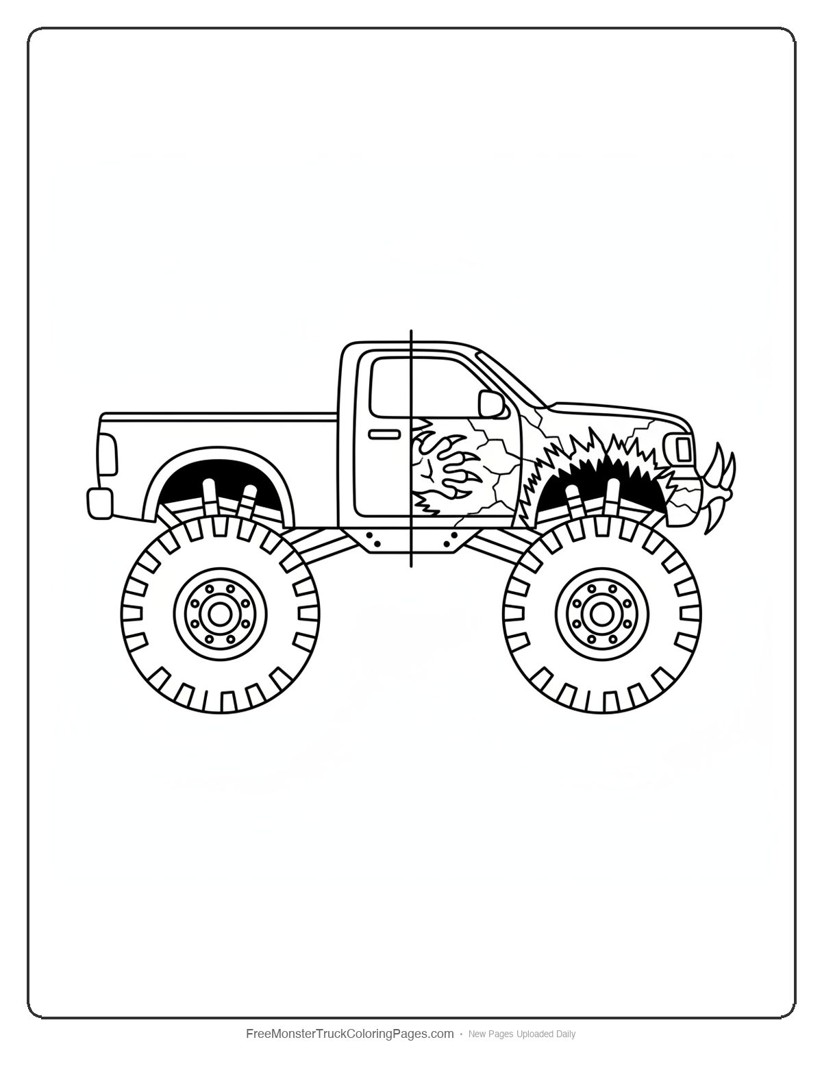 Black and white coloring page of a monster truck half normal half transforming into werewolf with claws and fangs emerging