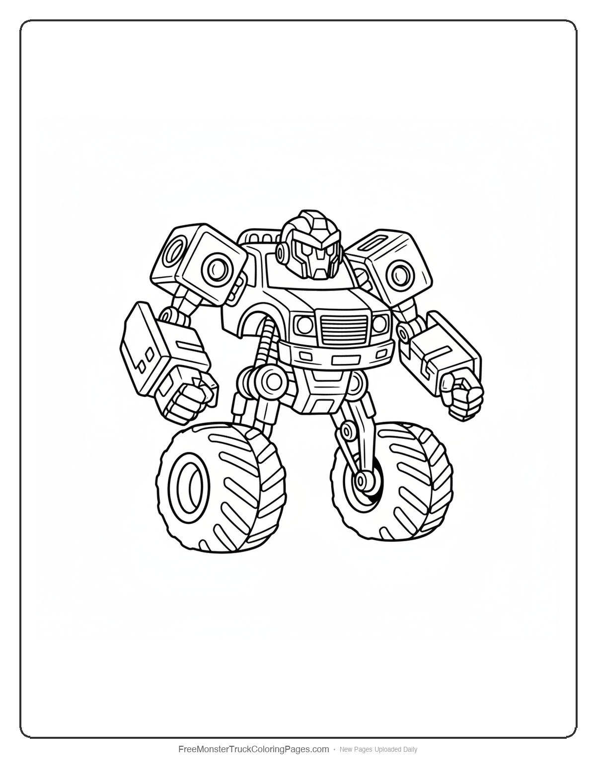 Detailed monster truck coloring page with transformation joints and mechanical parts that suggest it could become a walking robot