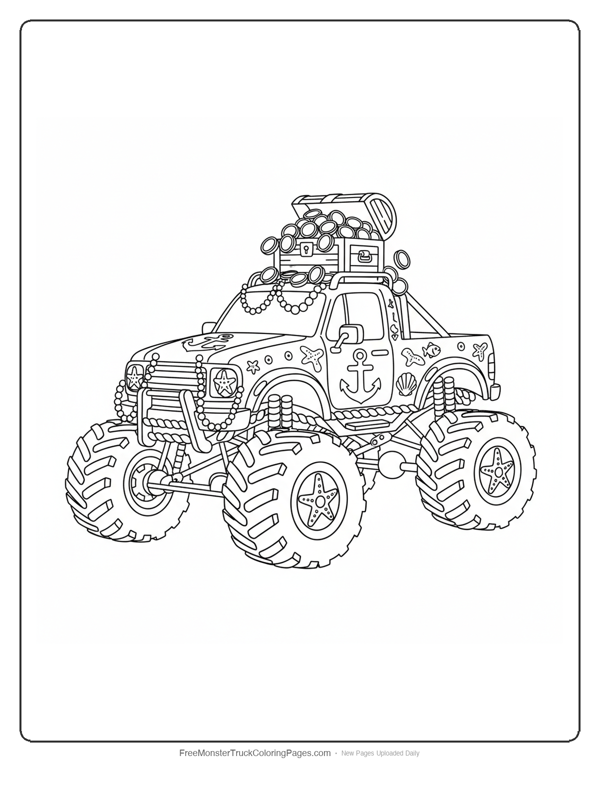 Detailed monster truck coloring page with treasure chest on roof, anchor decorations, rope patterns, and scattered coins