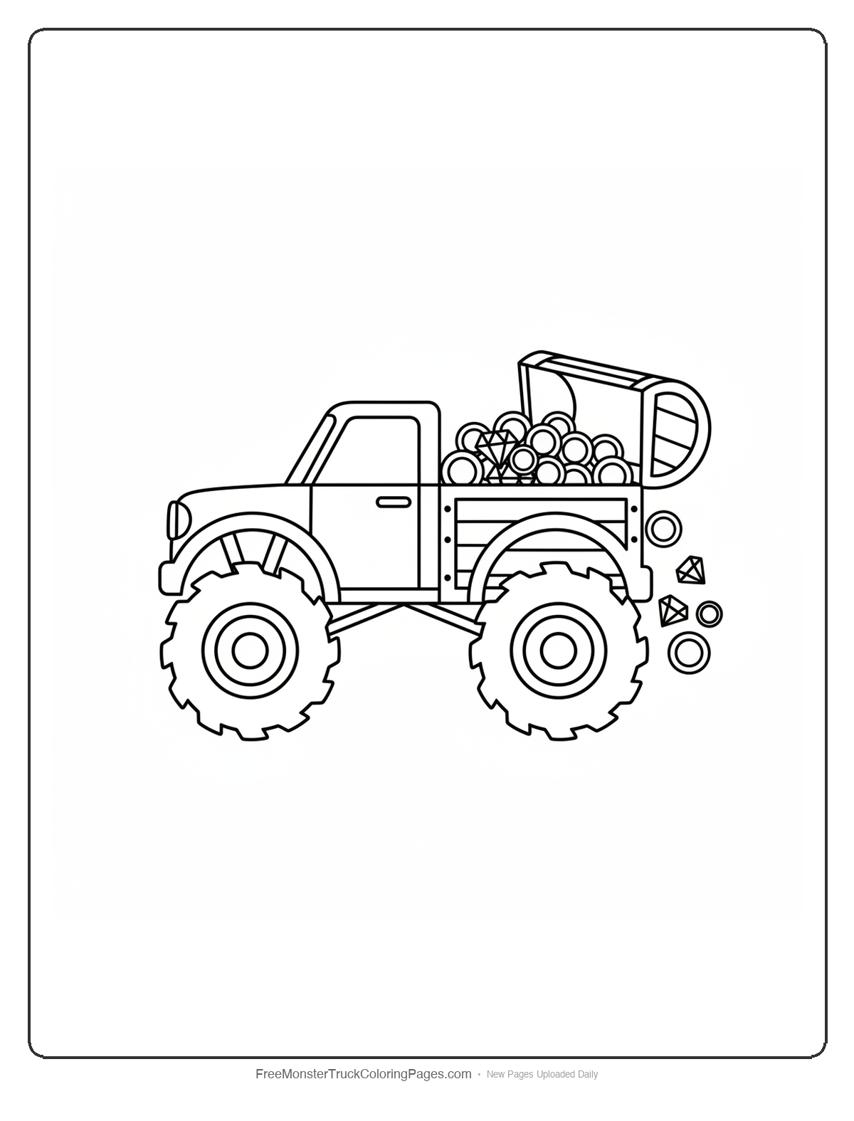 Black and white coloring page of a simple monster truck with a treasure chest shaped bed overflowing with coins and gems