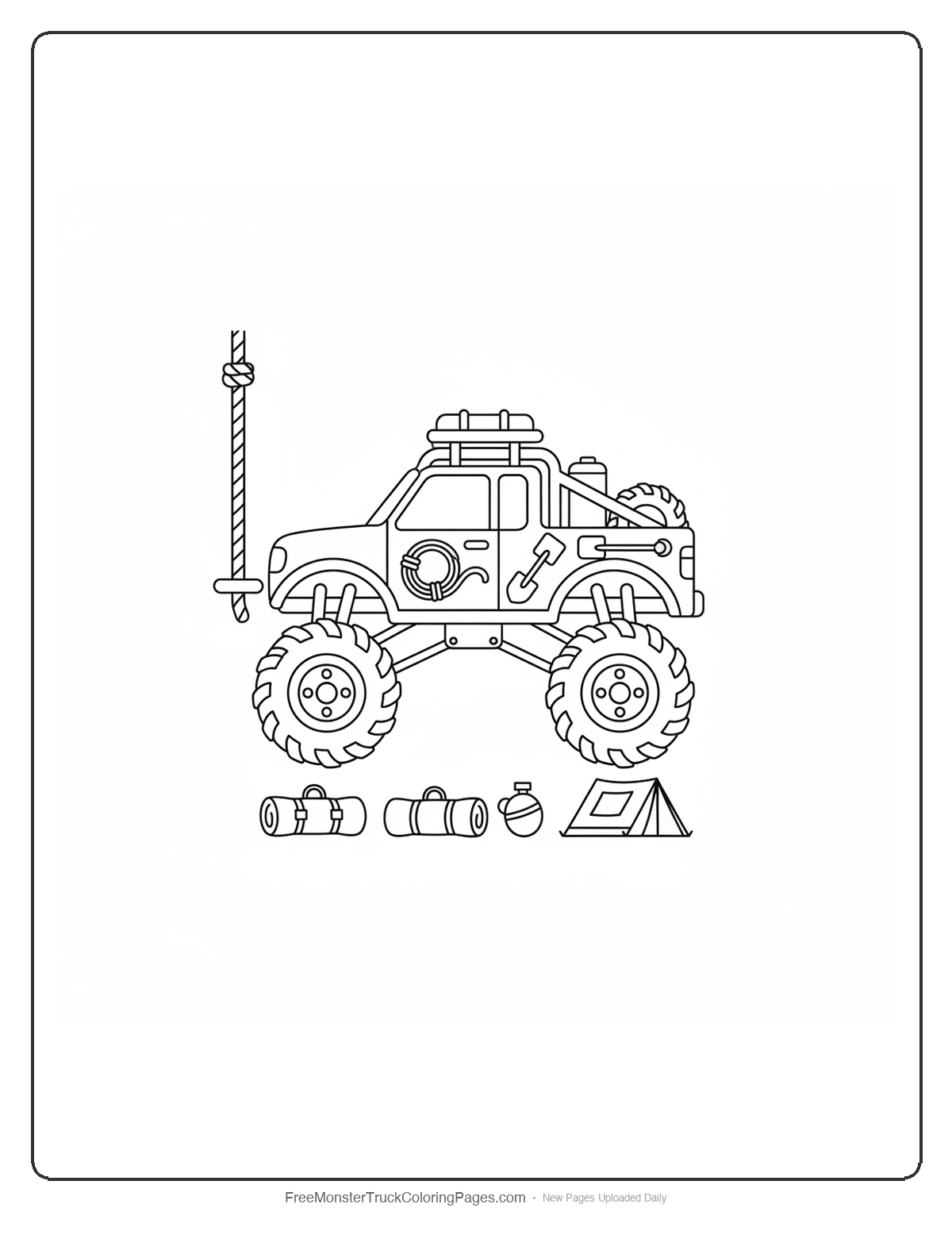 Black and white coloring page of a monster truck with a rope swing attached and jungle adventure gear