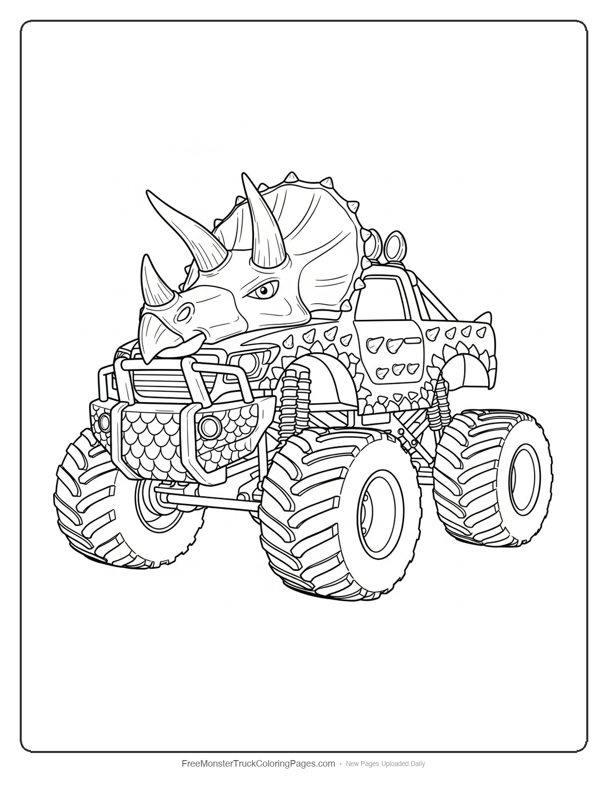 Black and white coloring page of a monster truck designed like a triceratops with three horns and spikes